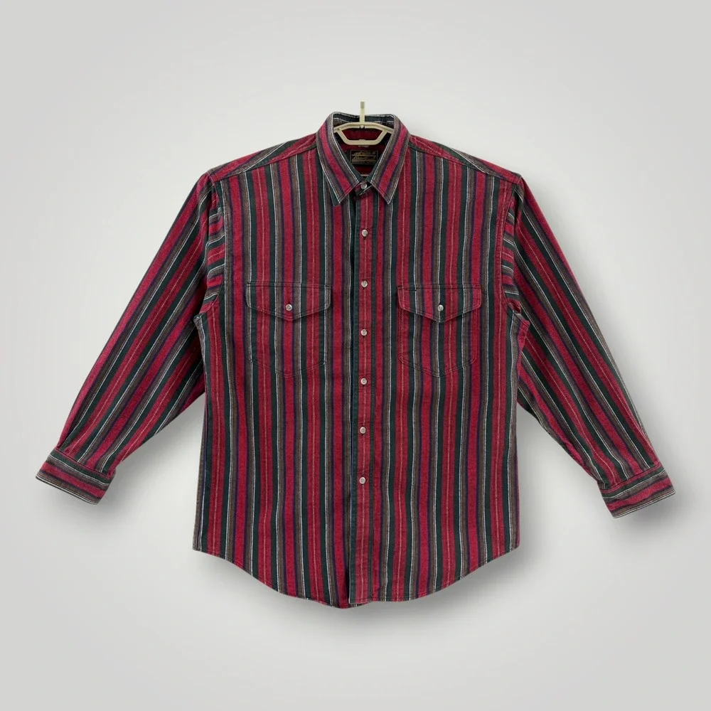 Vintage Eddie Bauer McKinley Cloth Striped Flannel Shirt Mens Large USA Red